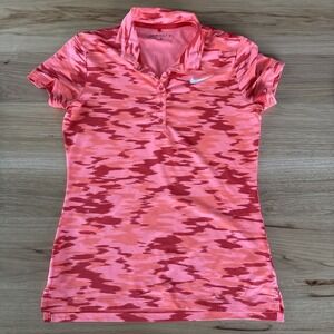 Nike Polo Shirt Womens Small Red Orange Camo Golf Dri-Fit Stretch Short Sleeve